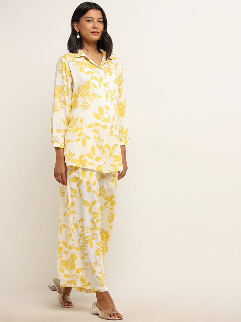 Utsa Yellow Leaf Printed Mid Rise Palazzos