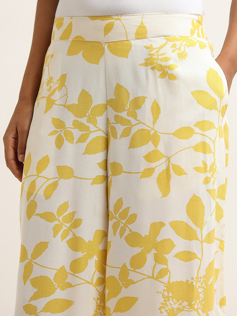 Utsa Yellow Leaf Printed Mid Rise Palazzos