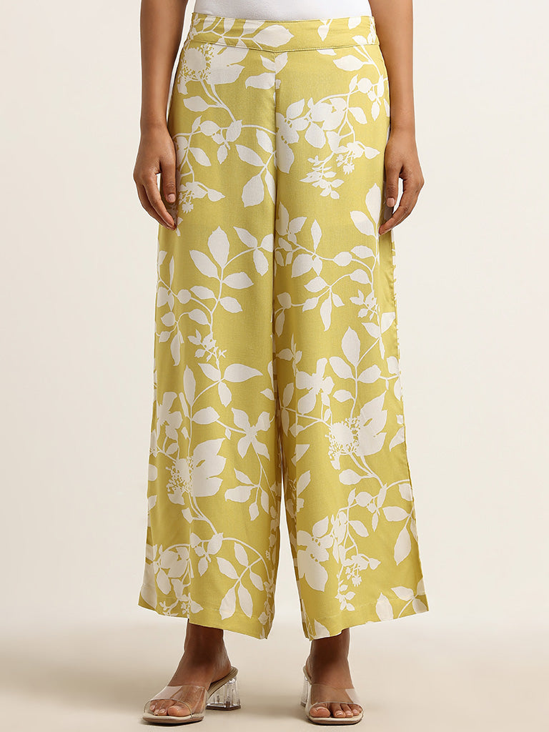 Utsa Lime Leaf Printed Mid Rise Palazzos