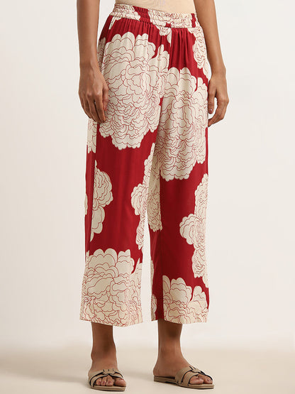 Utsa Red Floral Design High-Rise Palazzos