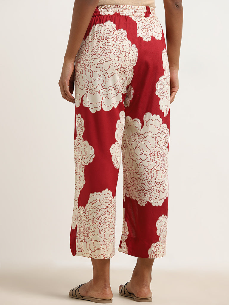 Utsa Red Floral Design High-Rise Palazzos