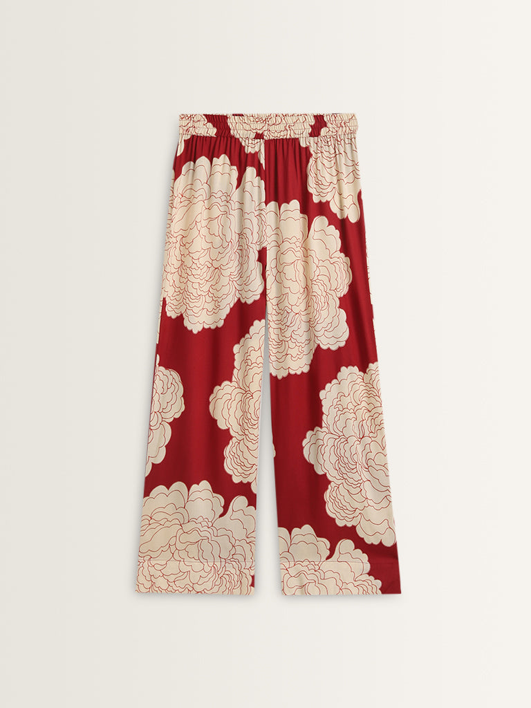 Utsa Red Floral Design High-Rise Palazzos