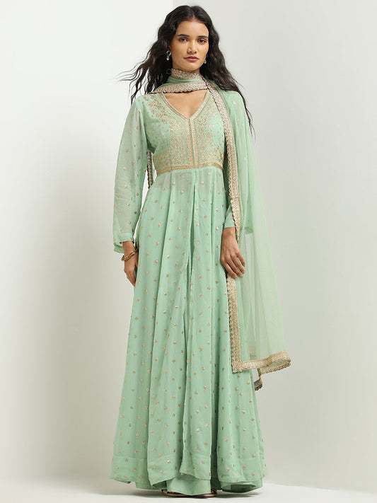 Vark Sea Green Embellished Kurta, Skirt and Dupatta Set