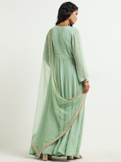 Vark Sea Green Embellished Kurta, Skirt and Dupatta Set