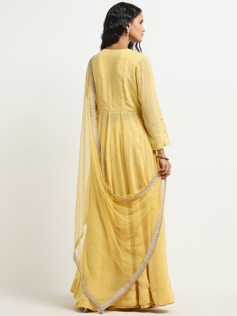 Vark Yellow Embellished Kurta, Skirt and Dupatta Set