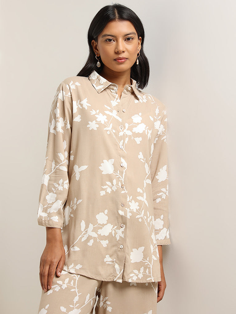 Utsa Beige Leaf Printed Straight Tunic