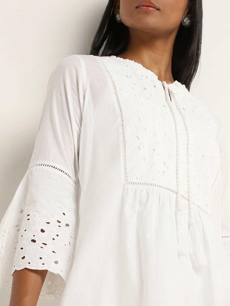 Utsa White Schiffli Design A-Line Cotton Kurti