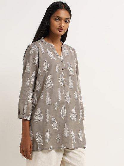 Utsa Dark Grey Leaf Design A-Line Cotton Blend Kurti