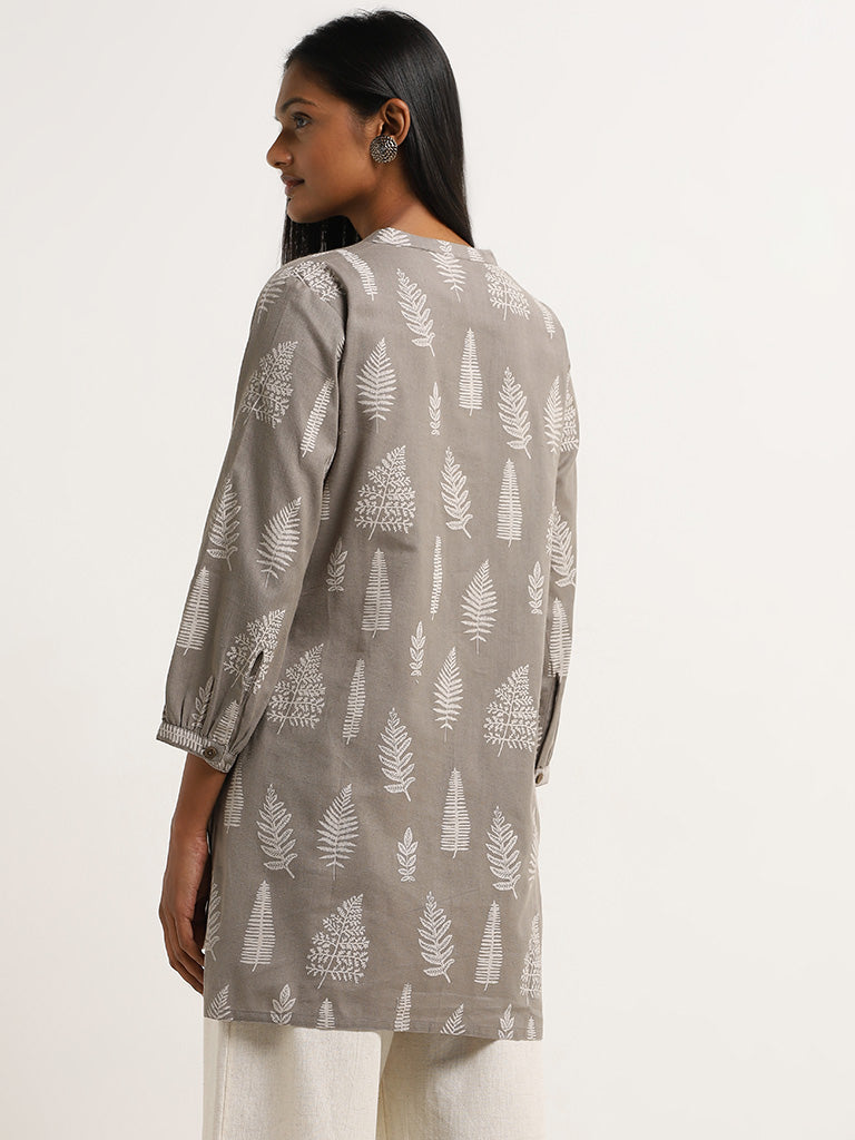 Utsa Dark Grey Leaf Design A-Line Cotton Blend Kurti