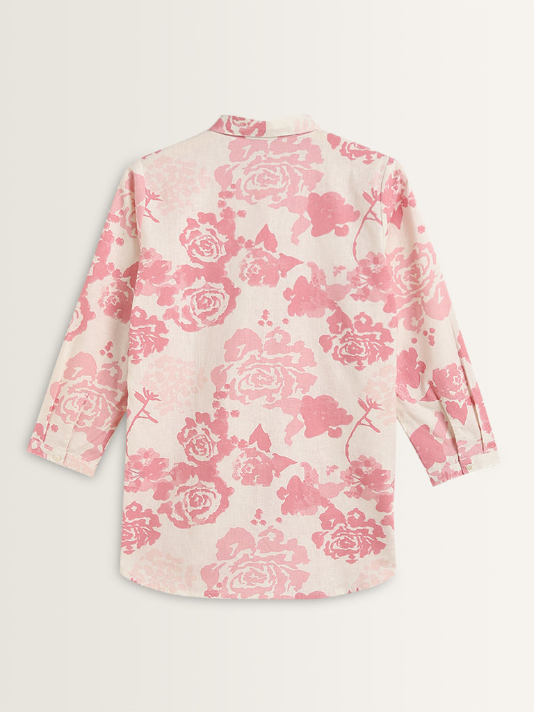 Zuba Pink Rose Pattern Straight Cotton Tunic