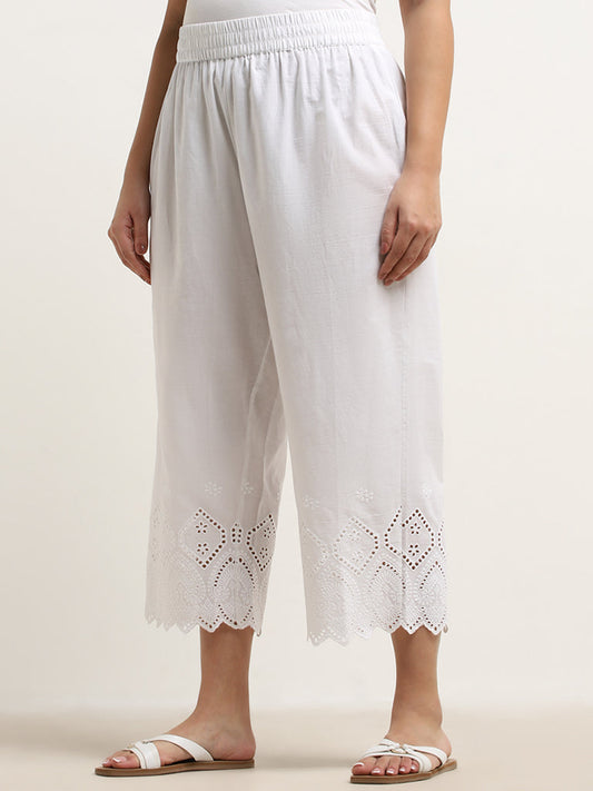 Diza White Schiffli Design High-Rise Cotton Palazzos