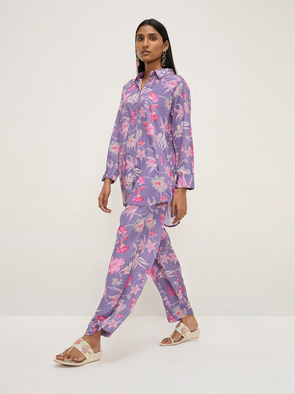 Vark Purple Floral Printed High-Low Tunic and Pants Set