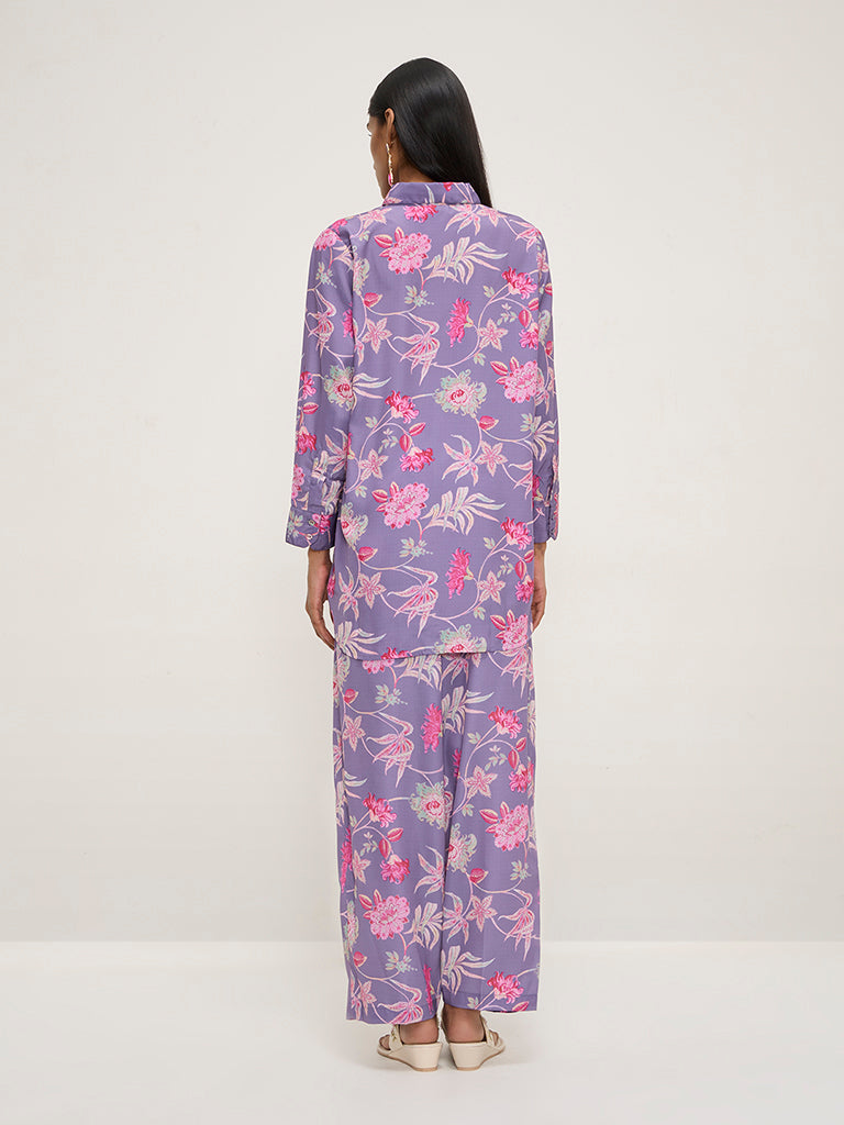 Vark Purple Floral Printed High-Low Tunic and Pants Set