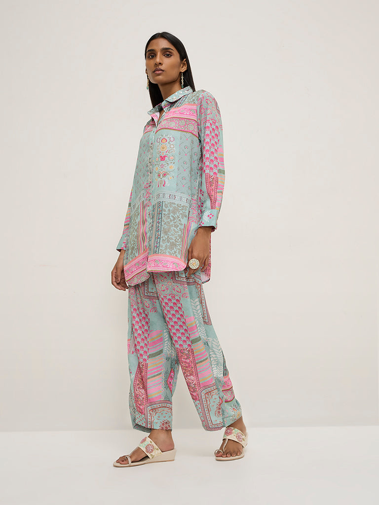 Vark Multicolour Printed High-Low Tunic and Pants Set