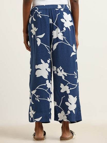 Utsa Navy Floral Print Palazzos