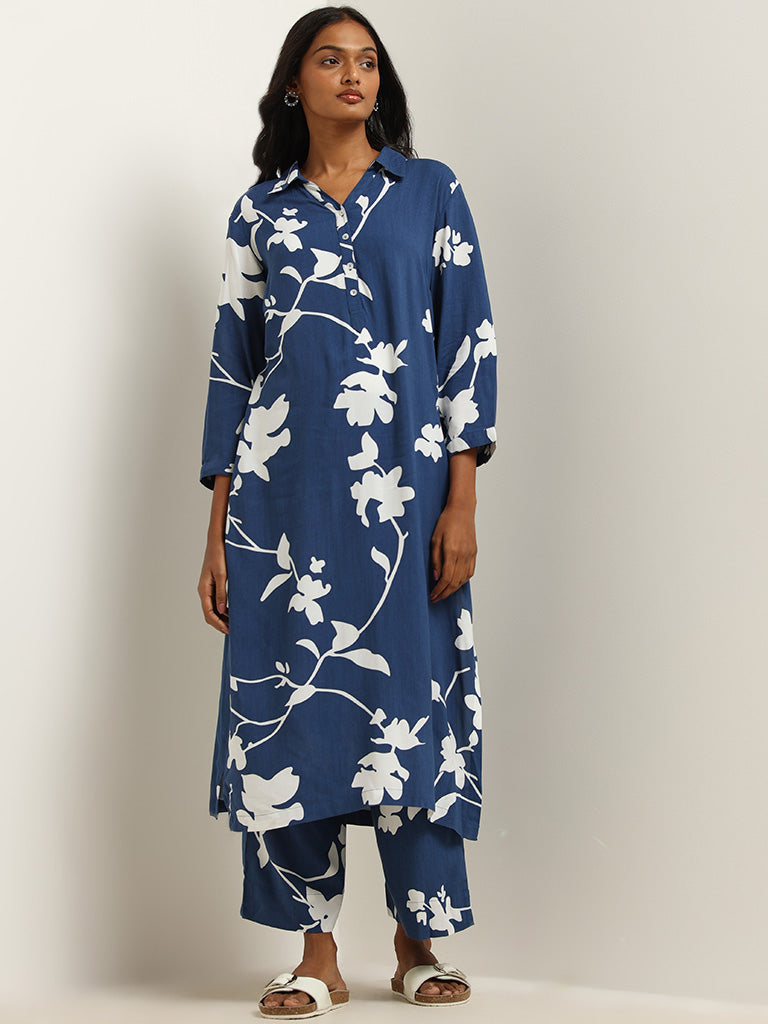 Utsa Navy Floral Print Palazzos