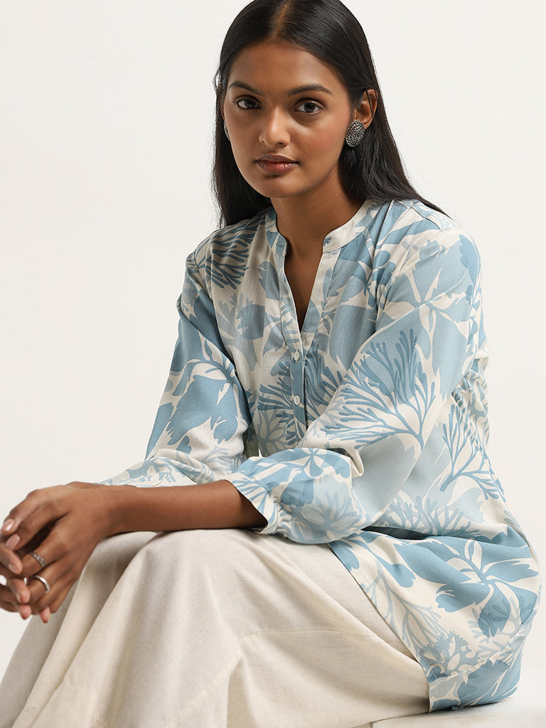 Utsa Blue Foliage Printed Straight Kurti