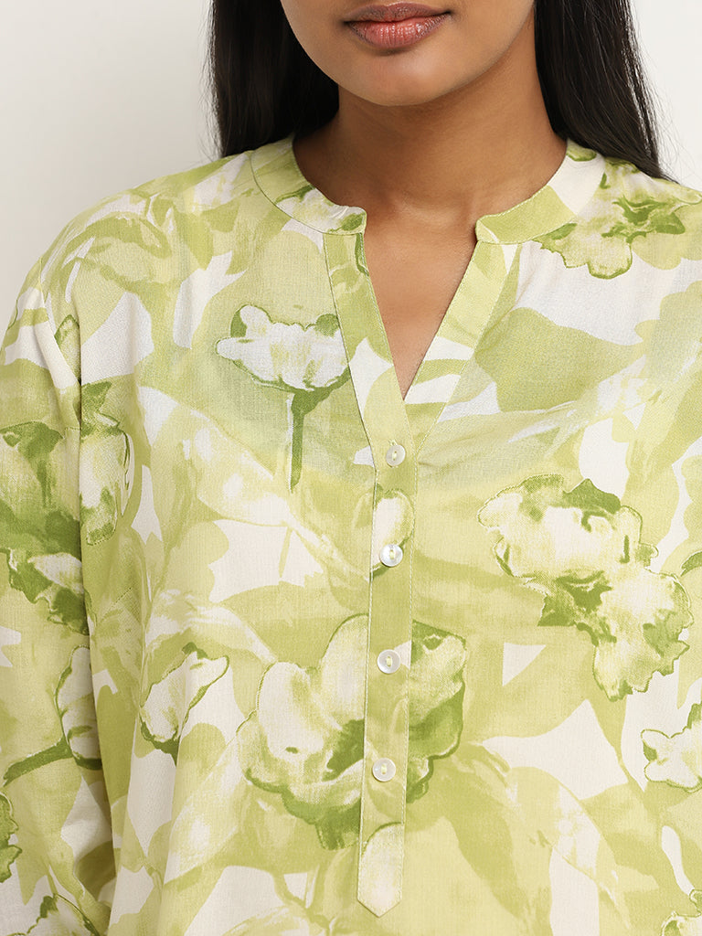 Utsa Lime Foliage Printed Straight Kurti