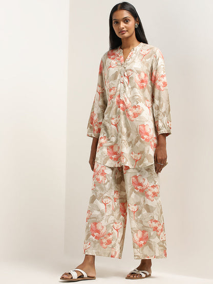 Utsa Taupe Floral Pattern Straight Kurti