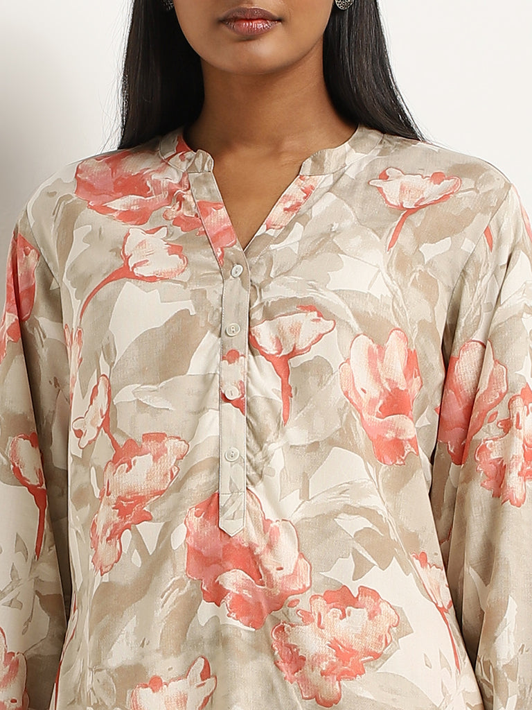 Utsa Taupe Floral Pattern Straight Kurti