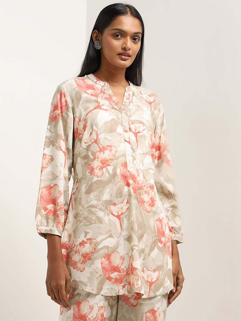 Utsa Taupe Floral Pattern Straight Kurti