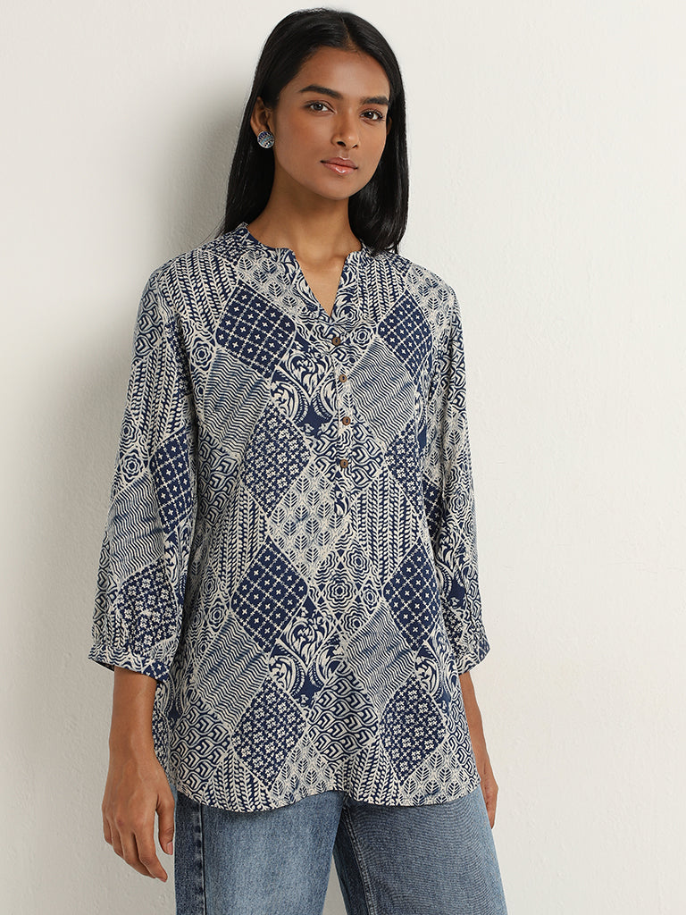 Utsa Indigo Diamond-Block Printed Straight Kurti