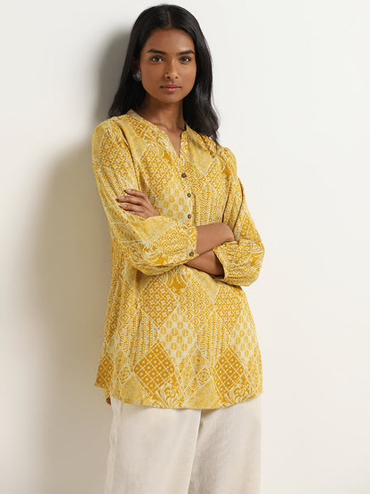 Utsa Yellow Diamond-Block Printed Straight Kurti