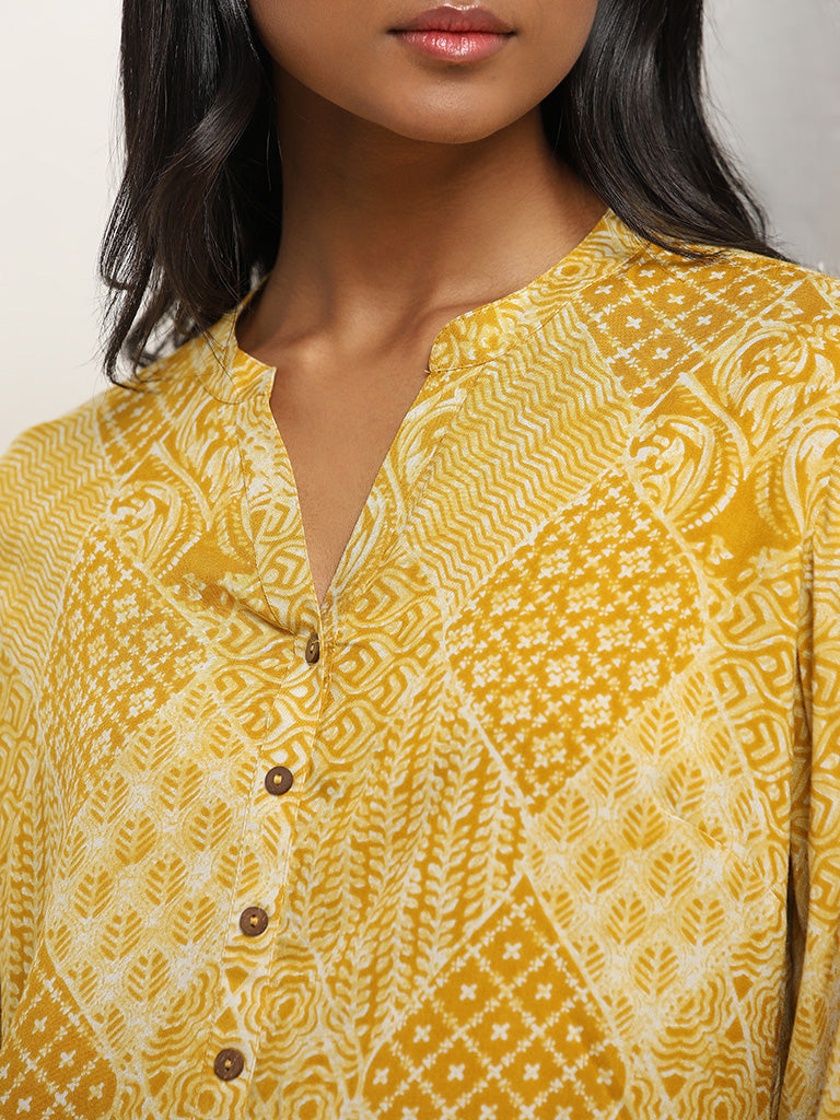 Utsa Yellow Diamond-Block Printed Straight Kurti