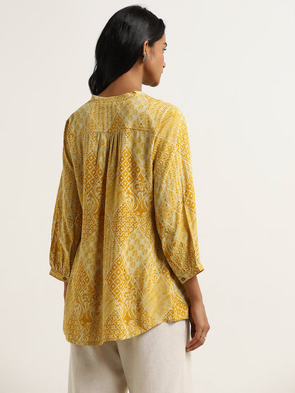 Utsa Yellow Diamond-Block Printed Straight Kurti