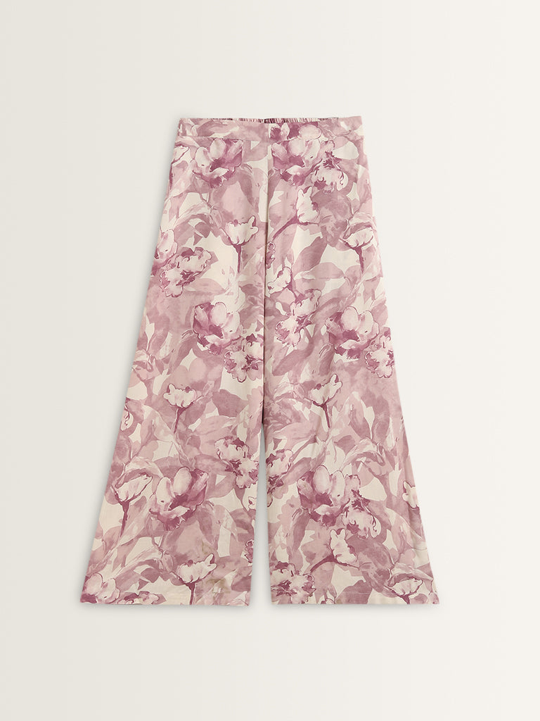 Utsa Lilac Floral Pattern Mid-Rise Palazzos