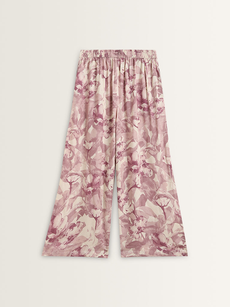 Utsa Lilac Floral Pattern Mid-Rise Palazzos