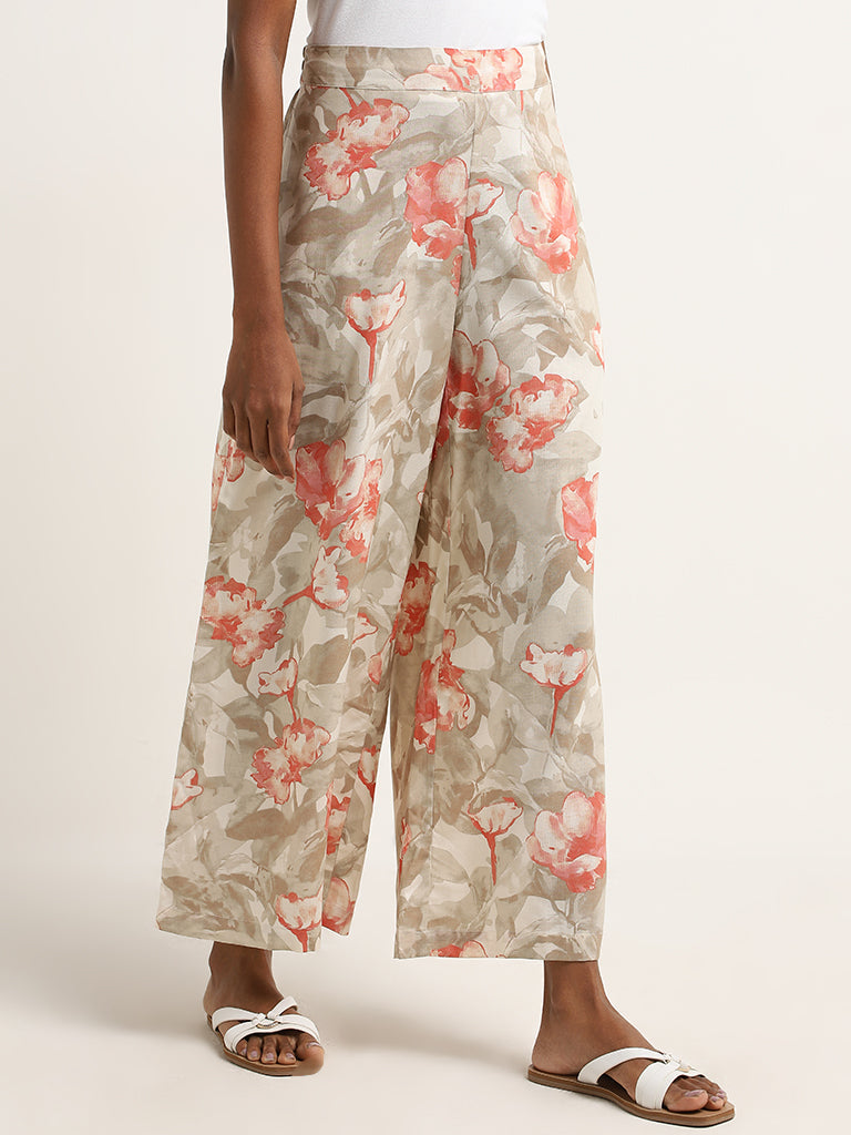 Utsa Taupe Floral Pattern Mid-Rise Palazzos