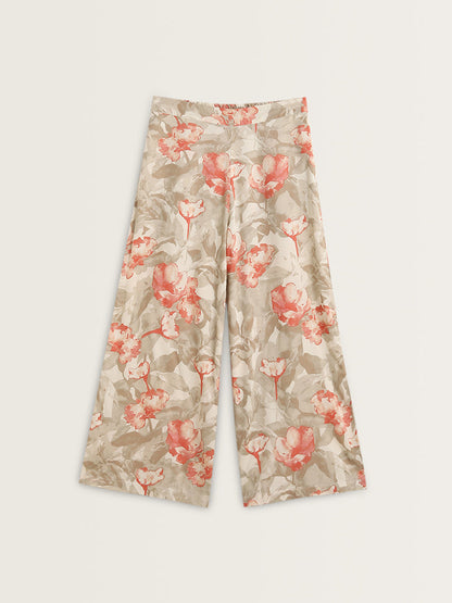 Utsa Taupe Floral Pattern Mid-Rise Palazzos