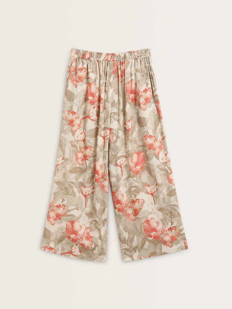 Utsa Taupe Floral Pattern Mid-Rise Palazzos