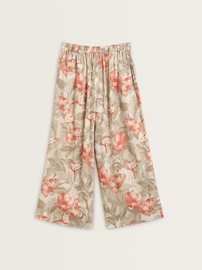 Utsa Taupe Floral Pattern Mid-Rise Palazzos