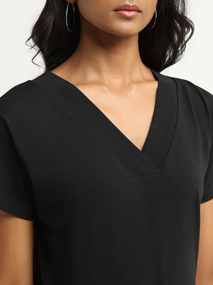 LOV Black V Neck Cotton Blend Top