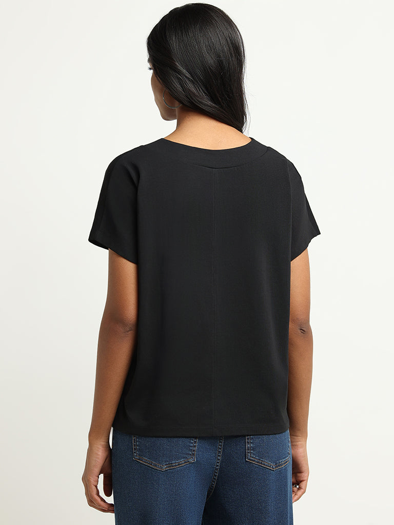 LOV Black V Neck Cotton Blend Top