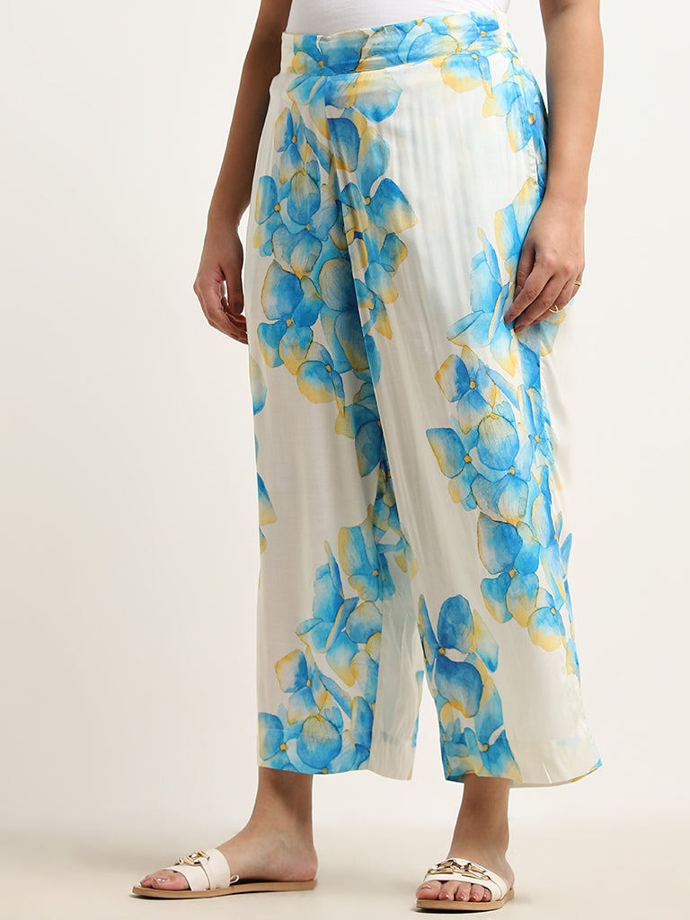 Diza Blue Floral Printed High-Rise Palazzos