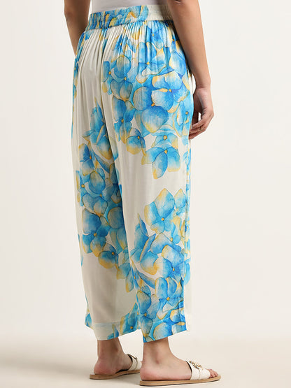 Diza Blue Floral Printed High-Rise Palazzos