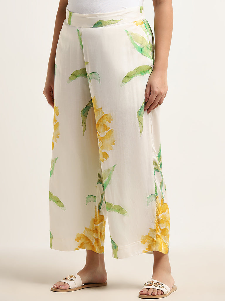 Diza Yellow Floral Printed High-Rise Palazzos