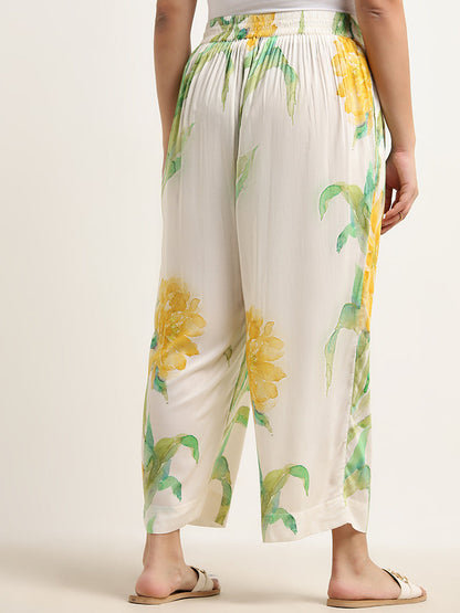 Diza Yellow Floral Printed High-Rise Palazzos