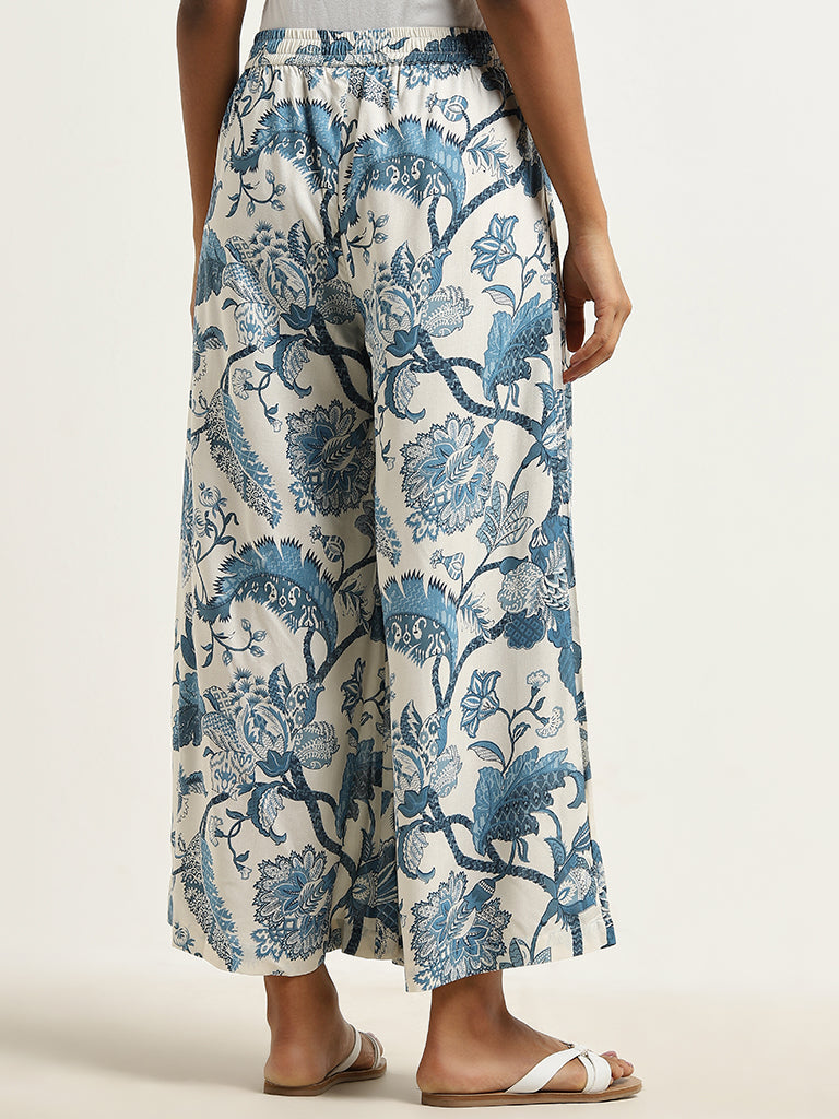 Utsa Blue Botanical Design Mid-Rise Palazzos