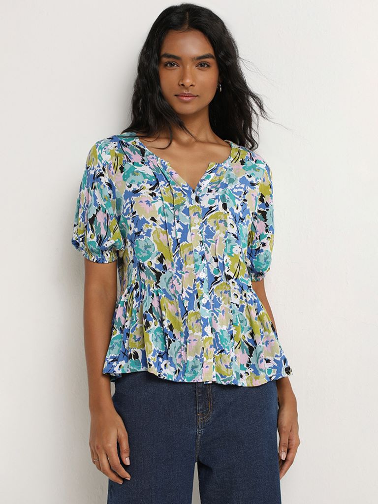 LOV Multicolour Floral Printed Cotton Peplum Blouse