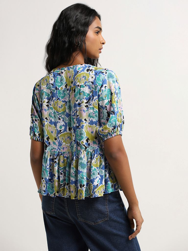 LOV Multicolour Floral Printed Cotton Peplum Blouse