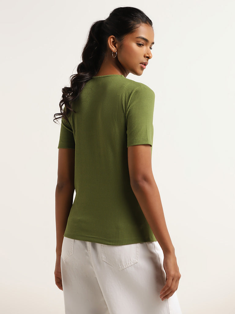 LOV Green Ribbed V Neck Top