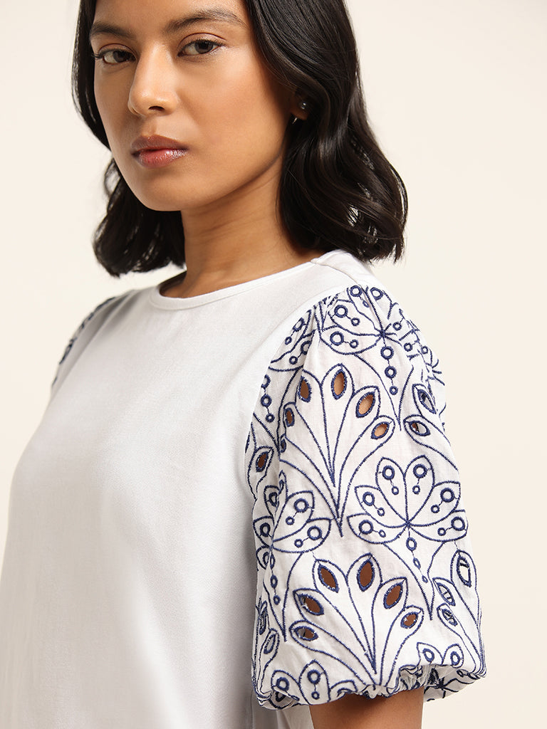 LOV White Embroidered Sleeve Cotton Top