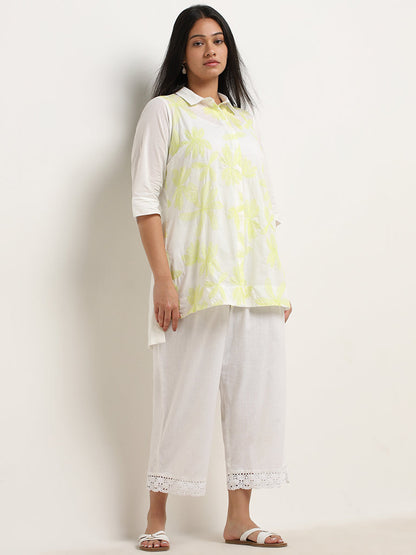 Diza Lime Floral Embroidered High-Low Cotton Tunic