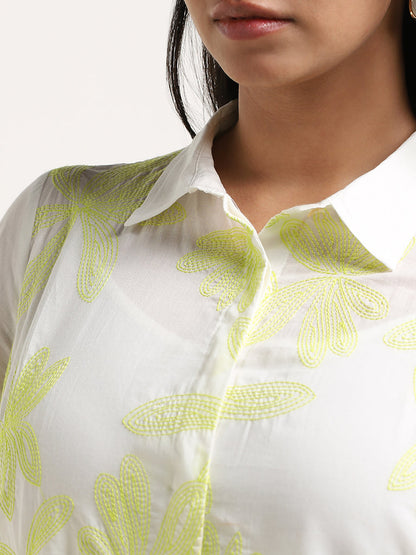 Diza Lime Floral Embroidered High-Low Cotton Tunic