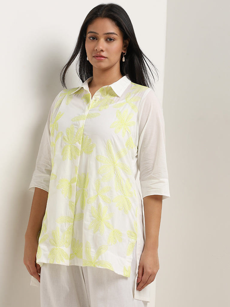 Diza Lime Floral Embroidered High-Low Cotton Tunic