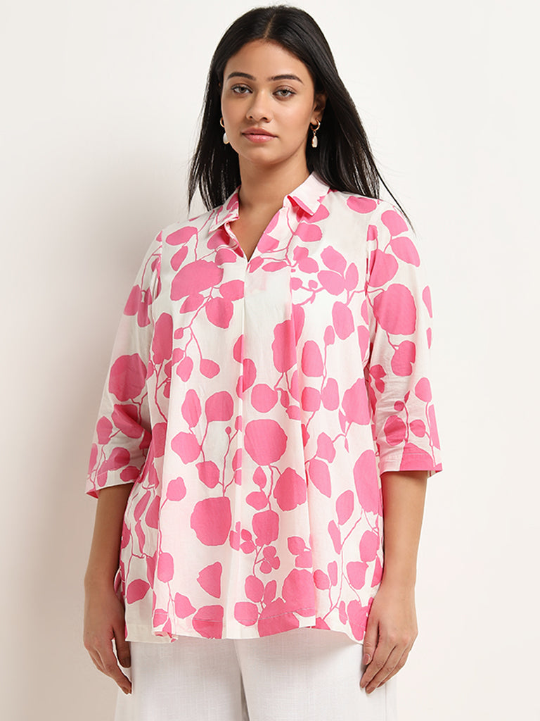 Diza Pink Foliage Printed Straight Cotton Kurti